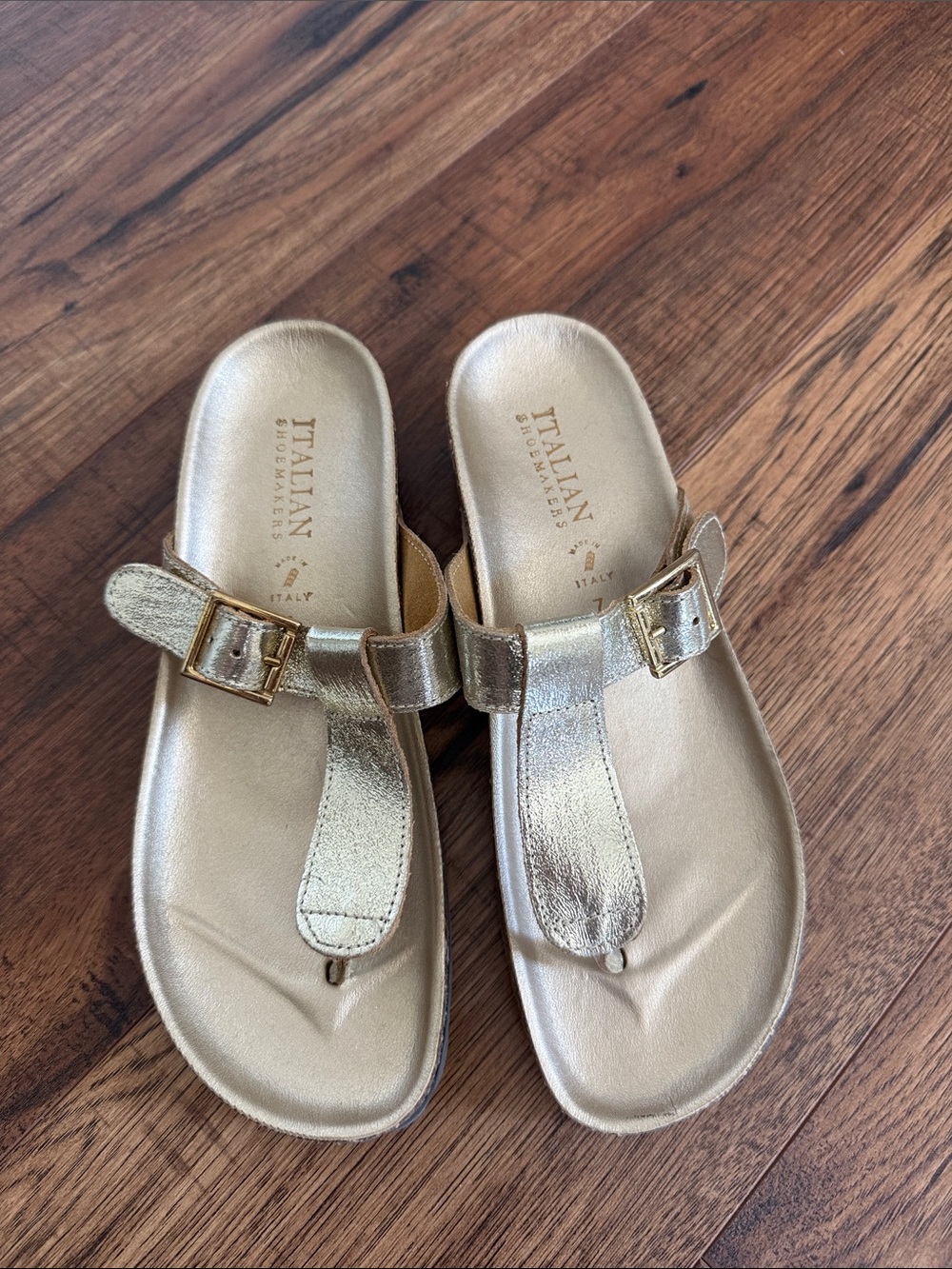 Italian Shoemakers Metallic Gold Buckle Toe-Post Sandals
